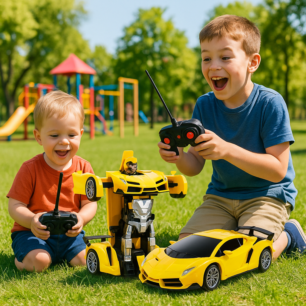 2 enfants de 3 et 7 ans jouent fièrement avec leur cadeau d'anniversaire la voiture télécommandée enfant transformer JAUNE